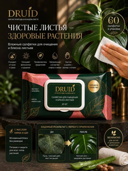Салфетки для очищения и блеска листьев "Druid" Салфетки для очищения и блеска листьев "Druid"
